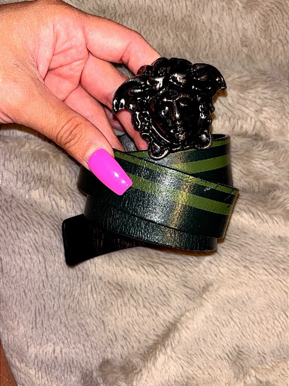 Versace Black Medusa Buckle Green-Striped Leather Belt